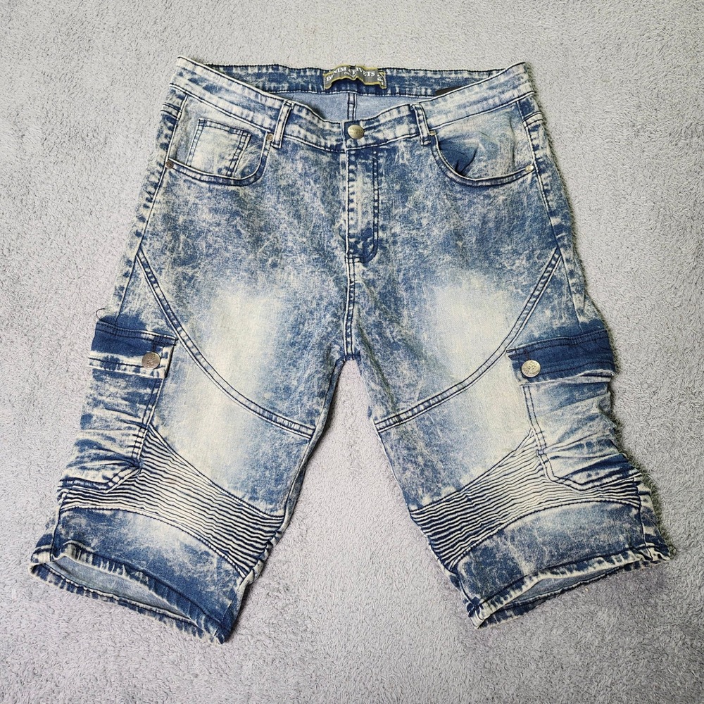 Denim & Rivets Mens 36 Cargo Shorts Blue Acid Wash Moto Ribbed DR9265